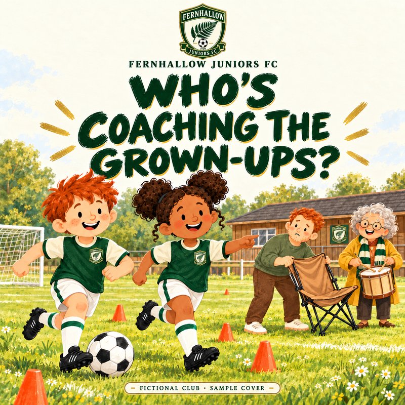 Who’s Coaching the Grown-Ups? Sample cover for Fernhallow Juniors FC, a fictional club, in forest green and cream.
