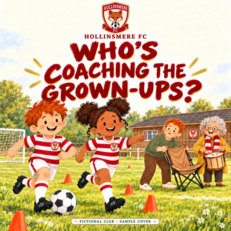 Who’s Coaching the Grown-Ups? Sample cover for Hollinsmere FC, a fictional club, in red and white hoops.