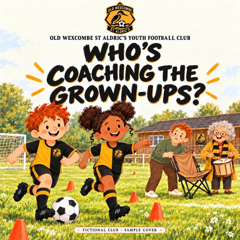 Who’s Coaching the Grown-Ups? Sample cover for Old Wexcombe St Aldric's Youth Football Club, a fictional club, in amber and black halves.