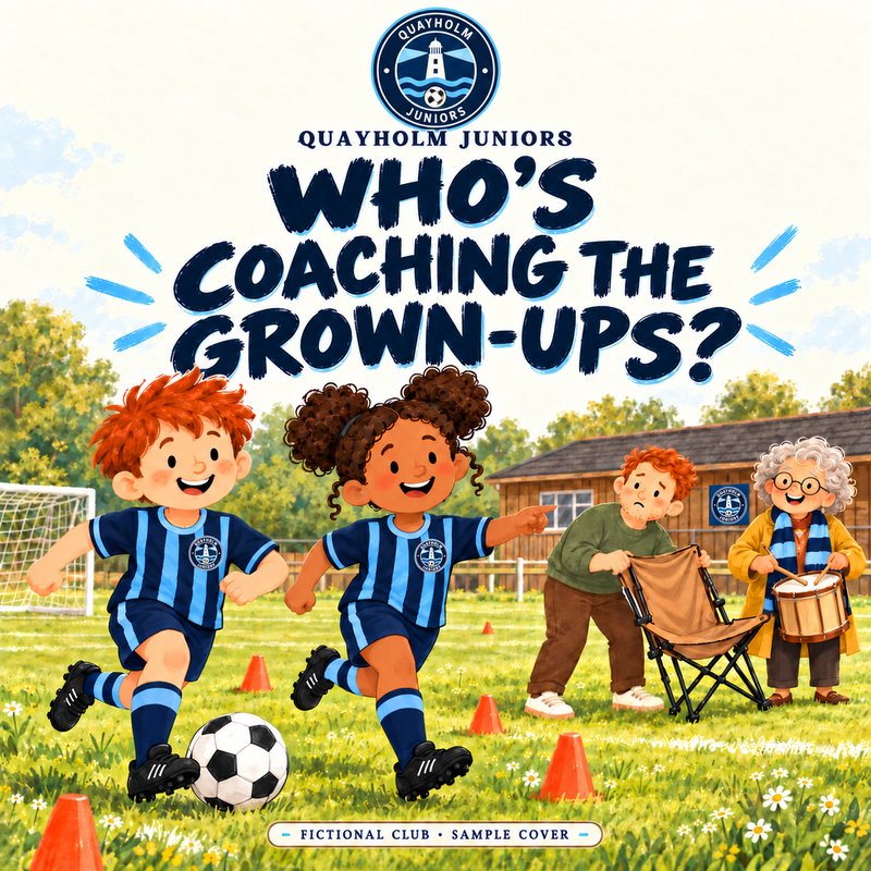 Who’s Coaching the Grown-Ups? Sample cover for Quayholm Juniors, a fictional club, in navy and sky-blue stripes.